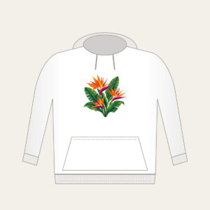 Bird of Paradise and Banana Leaves Hoodie in white: Orange and magenta bird of paradise flowers with banana leaves stand on cream.