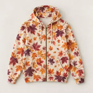 Maple Drift Zip Hoodie with all-over falling maple leaves in rust, gold and plum