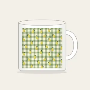 Green Gingham with Scattered Pears Mug in white: Green and cream gingham checks with small pears scattered between.