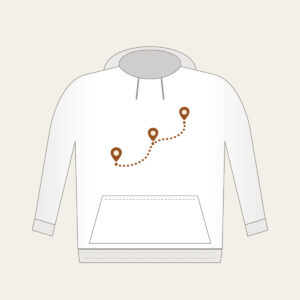 Dotted Route Linking Map Pins Hoodie in white: A dotted route line connects small map pins in cream on warm brown.