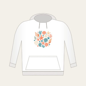 Scattered Shells and Starfish on Sand Hoodie in white: Coral, cream and teal shells and starfish are tossed across a pale sand background.