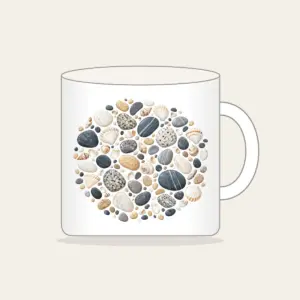Beach Pebbles and Tiny Shells Mug in white: Pebbles and tiny shells in sand, slate and white are scattered across the artwork.