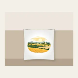 Farm Field Strips Under a Low Sun Pillow in white: Horizontal strips of gold, green and sand lie under a low pale sun.