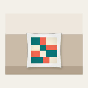 Teal, Coral and Cream Color Blocks Pillow in white: Color blocks in teal, coral and cream sit side by side.