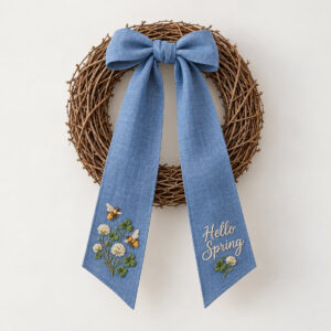 Linen Blue Bee Door Sash with a blue linen sash with embroidered bees and clover in cream, gold and green and the exact embroidered text "Hello Spring"