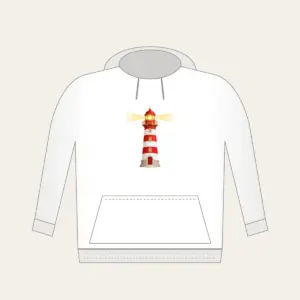 Striped Lighthouse Beam Hoodie in white: A red and white striped lighthouse sends out a gentle golden beam of light.