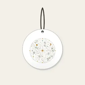 Map Lines with Blooms and Stars Ceramic Ornament in white: Winding map lines carry small blooms and stars in sage, cream and ochre.
