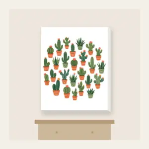 Potted Cacti in Terracotta Canvas Print in white: Potted cacti in terracotta and green repeat on a cream ground.