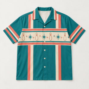 Retro Lane Bowling Jersey with all-over retro stripes in teal, coral and cream with small bowling pin and star motifs along the chest band