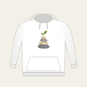 Cairn Stones with a Sprout Hoodie in white: Stacked cairn stones in grey and sand, topped with a tiny green sprout.