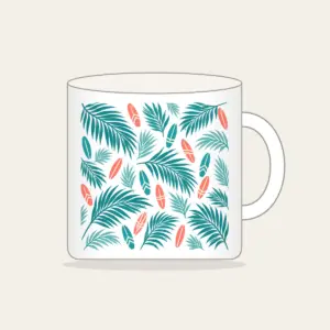 Palm Shadows and Tiny Surfboards Mug in white: Palm-leaf shadows and tiny surfboards in teal and coral on cream.