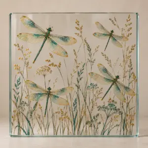 Dragonfly Meadow Vinyl Decal with flat printed dragonflies in teal and gold over fine meadow grasses on a transparent ground