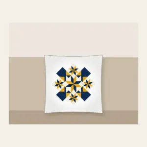 Mustard and Navy Patchwork of Stars Pillow in white: A patchwork of stars and diamonds in navy, mustard and cream.