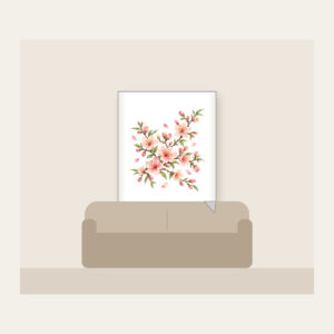 Peach Blossom Branches on Cream Fleece Blanket in white: Peach blossoms and slender branches in peach, rose and pale green rest on a glossy cream ground.