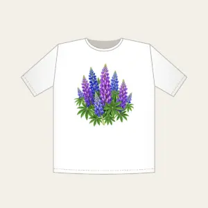 Lupine Spikes in Violet and Blue T-Shirt in white: Tall lupine spikes in violet and blue rise among green leaves.