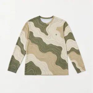 Moss Contour All-Over Long Sleeve Shirt with all-over contour lines in moss, sand and cream with a tiny star near the chest
