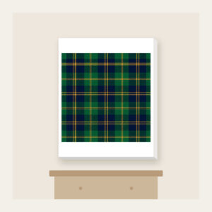 Green and Navy Plaid with Gold Lines Canvas Print in white: A classic plaid of green and navy, finished with fine gold lines.