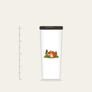 Sleeping Fox on the Hill Tumbler in white: A rust-colored fox curled asleep on a green hill with two tiny pines.