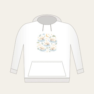Sleepy Sheep and Clouds Hoodie in white: Small clouds and sleeping sheep in cream, pale blue and sage on a light field.