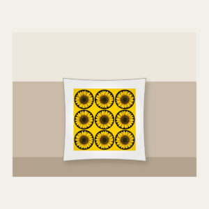 Nine Sunflowers in a Yellow Grid Pillow in white: A neat three-by-three grid of nine sunflower circles in black and golden lines on a yellow ground.