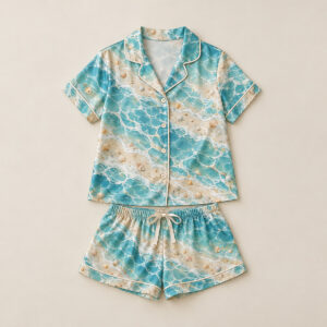 Satin Short Set with Loose Shorts in Lagoon Tones with all-over lagoon waves and tiny shells in teal, sand and cream