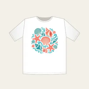 Shells, Starfish and Ripples T-Shirt in white: Seashells, starfish and gentle ripples drift across the pattern in coral, teal and cream.