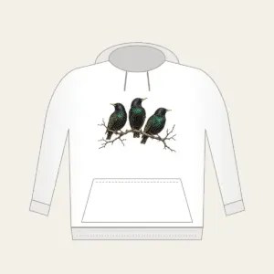 Three Starlings on a Bare Branch Hoodie in white: Three starlings perch on a bare branch in charcoal and iridescent green on a pale ground.