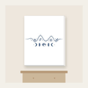 Tide Chart and Moon Phases Canvas Print in white: A navy line-art tide curve dotted with tiny shells, with five moon phases beneath.