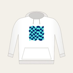 Ripple Checkerboard in Navy and Aqua Hoodie in white: A checkerboard whose squares ripple like waves in navy and aqua.