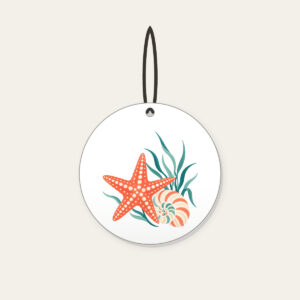 Starfish, Spiral Shell and Sea Grass Ceramic Ornament in white: A starfish, a spiral shell and a sprig of sea grass in coral, cream and teal.