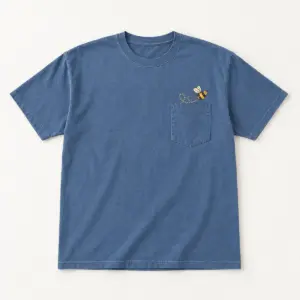 Pocket Bee Heavyweight Tee with small print on and just above the pocket: a round bee with a dotted flight loop in honey yellow and charcoal