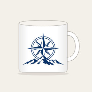 Compass Rose over a Ridge Line Mug in white: A compass rose rests over a simple ridge line in navy and white.