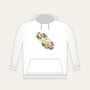 Garden Queen Rose Garland Hoodie in white: A diagonal garland of blush roses and green leaves carries the words “Garden Queen” in gold script.