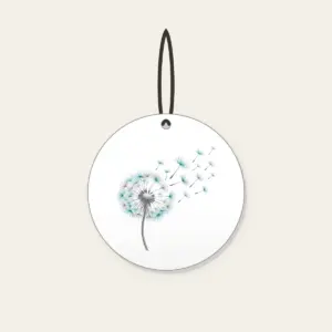 Dandelion Seed Head Drifting Away Ceramic Ornament in white: A dandelion seed head releases seeds in grey and teal on white.