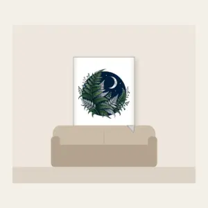 Moonlit Fern Fronds on Navy Fleece Blanket in white: Silver and deep green fern fronds curl over navy beneath a small crescent moon.
