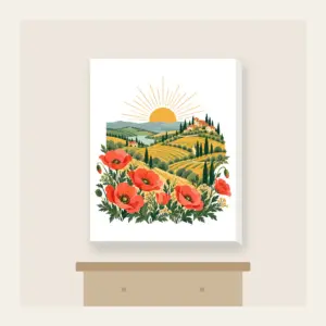 Terraced Hills at Sunrise with Poppies Canvas Print in white: Terraced hills under a rising sun with poppies in the foreground in coral, gold and green.