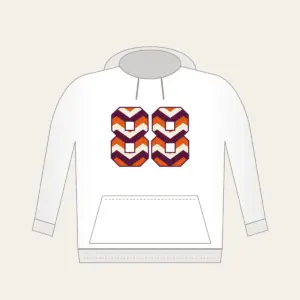 Plum Chevron Panels with Number 88 Hoodie in white: Bold chevron panels in plum, burnt orange and cream, with the number “88” standing out in the middle.