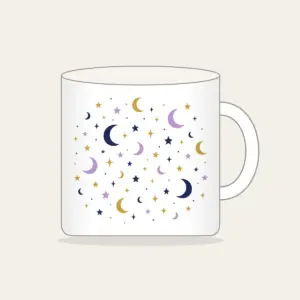 Scattered Stars and Crescents Mug in white: Small stars and crescent moons scattered across the night in navy, lilac and gold.