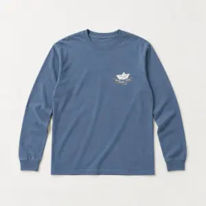 Paper Boat Long Sleeve Tee with small chest print of a folded paper boat on three ripple lines in white and orange