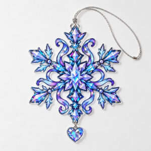 Broken Glass Snowflake Ornament with a large six-arm snowflake with a tiny heart charm in silver, ice blue and violet