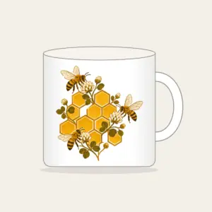 Honeycomb Grid with Bees and Clover Mug in white: A hexagonal honeycomb grid with three small bees and tiny clover blossoms in gold and brown.