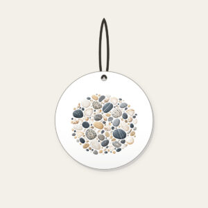 Beach Pebbles and Tiny Shells Ceramic Ornament in white: Pebbles and tiny shells in sand, slate and white are scattered across the artwork.