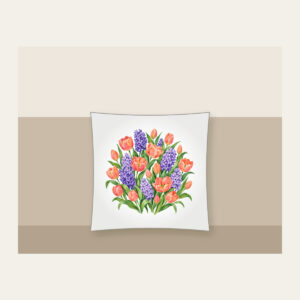Tulip and Hyacinth Beds Pillow in white: Painterly flower beds of tulips and hyacinths in coral, violet and green on pale cream.
