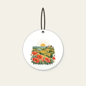 Terraced Hills at Sunrise with Poppies Ceramic Ornament in white: Terraced hills under a rising sun with poppies in the foreground in coral, gold and green.