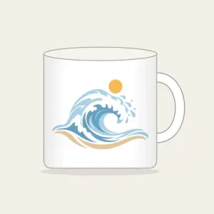 Curling Wave and Little Sun Mug in white: A curling wave in white, pale blue and sand with a small sun disc above.