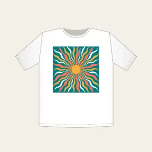 Sunrise Lines in Coral and Gold on Teal T-Shirt in white: All-over sunrise lines in coral, gold and white on a teal ground.