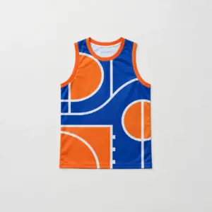 Court Lines Sleeveless Jersey Tank with bold court line shapes in cobalt, white and orange across the body with a contrast neck band