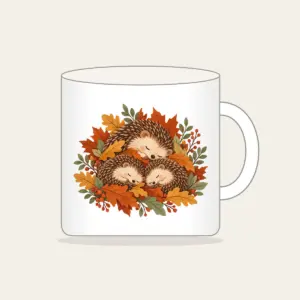 Sleeping Hedgehogs in Autumn Leaves Mug in white: Little hedgehogs curl up asleep among fallen leaves in brown, rust and sage.