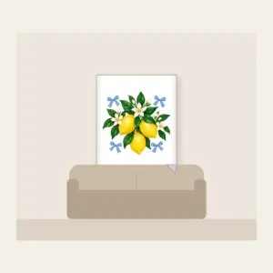 Lemons with Gingham Corners Fleece Blanket in white: Bright yellow lemons and deep green leaves on a clean white ground, tucked with small blue gingham accents.
