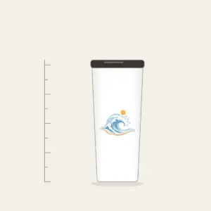 Curling Wave and Little Sun Tumbler in white: A curling wave in white, pale blue and sand with a small sun disc above.